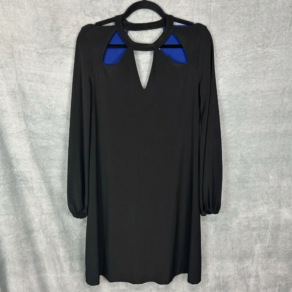 Norma Kamali Black Long-Sleeve Shift Dress with Blue Cutout Detail M